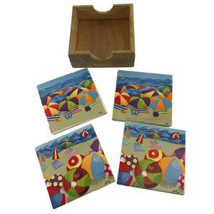 Red Farm Studio Tile Coasters Set 4  Wood Holder Beach Ocean Summer Cork Back